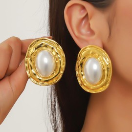 Vintage Pearl Earring for Women Chunky Gold Geometric Oval Pearl Stud Earrings Exaggerated Textured Round Statement Earrings Trendy Jewelry Presents