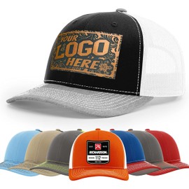 Custom Leather Patch Richardson 112 Trucker Hat for Men & Women - 6 Panel Structured Baseball Cap with Snapback Enclosure (Single, black/white/heather)