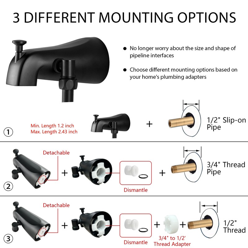 BEIYI Tub Spout with Diverter Matte Black, 5 Settings Metal