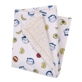 Welcome to The Universe Baby Curious George White, Blue, Red, and Yellow Balloons, Bananas and Hats Super Soft Sherpa Baby Blanket