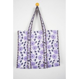 Quilted Cotton Handprinted Reversible Large multicolor Floral Tote Bag,Hand Block Print Shopping Shoulder Carry Bag, Bluepurple_tote Bag, Large