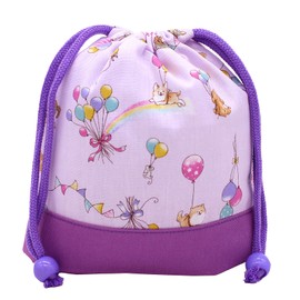 miwaki Lunch Bag, Drawstring Bag, Small Girls, Cup Bag, Gusset, Elementary School, Kindergarten, Nursery, Made in Japan, Handmade, Simple, Name Tag, Gusset, Motif, Purple, Rainbow Dog, Balloons, PU,