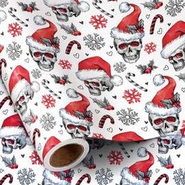 RUSPEPA Gothic Christmas Wrapping Paper Roll for Men Women, Mini Roll, Santa Skull, Candy Cane and Snowflake Design, Funny Holiday Gift Wrap for Horror Fans, Christmas Party, 17 Inches x 16.4 Feet