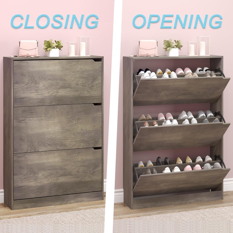 BORNOON Shoe Cabinet with 3 Flip Drawers, Hidden Wood Shoe