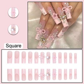 Cute Press on Nails Long Square Y2K BAOYAALIN, Pink Fake Nails with 3D Alloy Rhinestones Pearls Design Gel Glue on Nails for Women Girls Acrylic Artificial False Stick on Nail for Wedding 24Pcs
