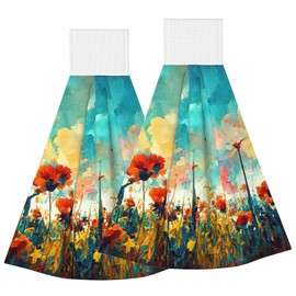 PDDCWAY 2Pcs Colorful Abstract Teal Flower Art Hanging Kitchen Towel Hand Towels Soft Cotton Loop Dish Towel for Bathroom Washcloth Absorbent Tie Towels (Wildflowers)