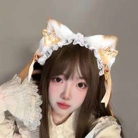 GUFER Cat Ears Headband Lolita Cat Ears Headband Lolita Ribbon Hair Accessory Goth Lolita Lace Headband Hair Ornament Cosplay Accessory (Yellow)