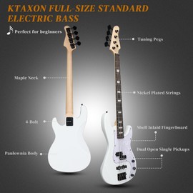 Ktaxon Ktaxon 4 String Electric Bass Guitar, PB-Style Full Size Standard Right Handed Beginner Kit with 20W AMP, Gig Bag, Strap, Upgrade Cable, Guitar Capo for Youths & Adults (White)