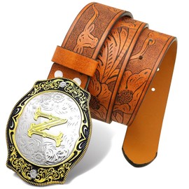 RechicGu Western Belts for Men Women, Initial Letter N Big Buckle with Brown Leather Longhorn Bull Engraved Cowboy Belt S