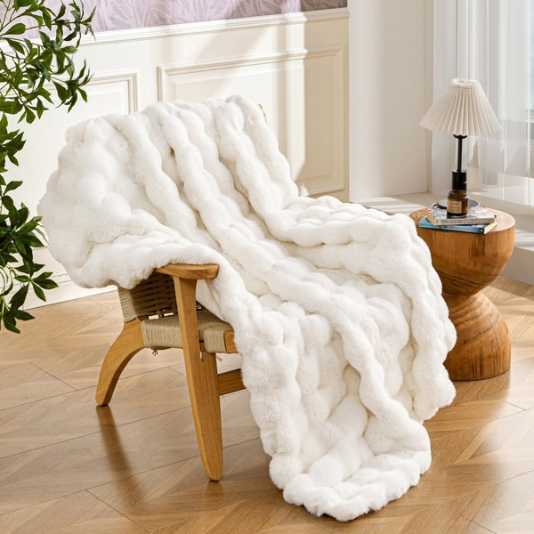 PU MEI Cozy Thick Fuzzy Faux Rabbit Fur Throw Blanket,
