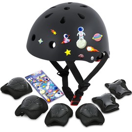 DINILEMU Kids Bike Helmet with DIY Stickers and Knee Pads Elbow Pads Wrist Guard Set for Ages 3-5-8 Toddler Boys Girls Helmet for Roller Skates Cycling Skateboarding Bicycle Scooter-Black