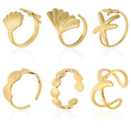 Mikovivi 6pcs Shell Starfish Rings Set, Gold Stainless Steel Adjustable Stackable Seashell Beach Mermaid Ring for Women Summer Sea Surfer Fashion Statement Jewellery Accessories Beachy Gift