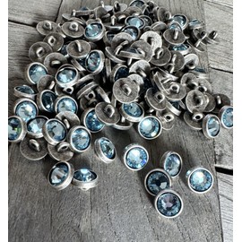 Pack of 10 Small Mini Metal Buttons Silver Matt with Coloured Rhinestones in Light Blue, Blue, Rose, Purple or Light Green 10 mm (Light Blue)