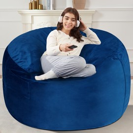 Homguava 4 FT Bean Bag Chair: 4' Bean Bags with Memory Foam Filled, Large Beanbag Chairs Soft Sofa with Dutch Velet Cover 4FT(44"×44"×26")-Blue