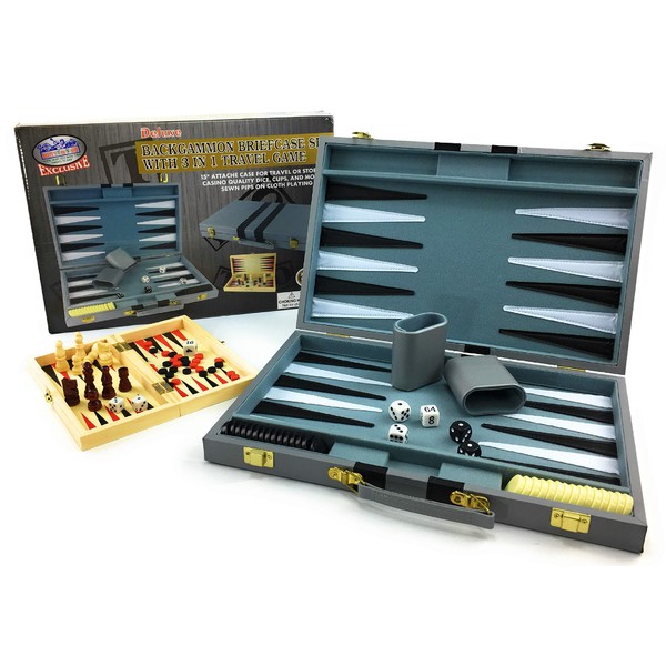 Matty's Toy Stop Deluxe 15" Backgammon Briefcase (Vinyl Gray Attache) with 3-in-1 Chess, Checkers & Backgammon Wooden Travel Games Set (8")