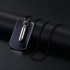 Flongo Men's Necklace Alloy Necklace Silver Black Bullet Dog Tag Army Style Polished Tribal 27.5 Inch Chain Men's Accessories, Stainless Steel
