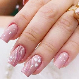 White Love Heart Medium Coffin Press on Nails with Sparkly Curve Line Design, Glossy Gold Glitter False Nails Gel Glue on Nails, Pink Solid Color Manicure Art Fake Nails Stick on Nails for Women Girls