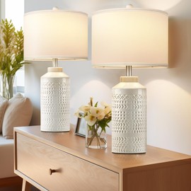 Spclsim 23.4" Cream Ceramic Table Lamps for Bedrooms Set of 2, Traditional Living Room End Table Lamps, Modern White Shade Bedside Nightstand Lamps, Bulbs Included
