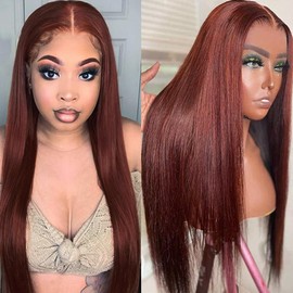 Maycaur Deep Brown Color Synthetic Hair Wigs with Natural Hairline Long Straight Women's Wig Reddish Brown Heat Resistant Synthetic Lace Front Wigs for Fashion Women
