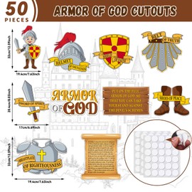 50 Pcs Armor of God Cutouts for Kids Books of The Bible Religious VBS Bulletin Board for Sunday School Religious Classroom Decorations Medieval Children Wall Home Bible Crafts Art Kit