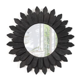 Emfogo Wall Mirror 12 inch Rustic Wood Sunburst Boho Mirror Farmhouse Wall Decor Room Decor Home Decor for Bedroom Living Room Entryway (Vintage Black)