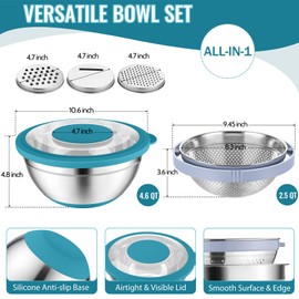 P&P CHEF 4-In-1 Stainless Steel Colander with Bowl Set, Rotatable Strainers for Kitchen, Fruit Cleaner, Washing Fruit & Draining Pasta, Mixing Bowl and Lid with Grater for Salad, Blue
