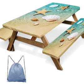 Nesphy Starfish Seashell Summer Picnic Table Cover with Bench Covers, Beach Sea Shell Ocean Holiday Outdoor Camping Essentials 6FT 3PCS Fitted Rectangle RV Must Haves Tablecloth with Drawstring Bag