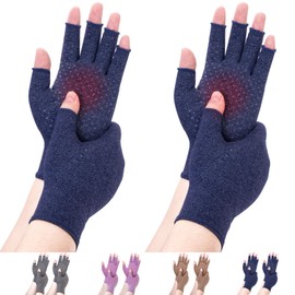 DRNAIETY 2 Pairs Arthritis Compression Gloves, for Women & Men Hand Arthritis, Anti-Slip Glue dot Gloves for Work（L Navy Blue）