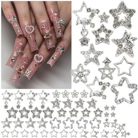 qiipii - 48 piezas de dijes de uñas de estrella para uñas acrílicas, 11 estilos de estrellas plateadas 3D, diamantes de imitación, joyas de pentagrama
