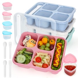 Lunbxx Bento Box for Kids, 4 Pack Reusable 5-Compartment Snack Containers for Kids and Adults, Stackable Snack Box (Wheat)