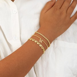 VIROMY Gold Bracelets for Women 14k Gold Plated Initial Layered Bracelet Minimalist Twisted Rope Heart Pearl Link Jewellery Gifts for Her A-Z, Brass, No gemstone