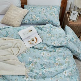 Merryword 100% Cotton King Comforter Set White and Blue Floral Bedding Set for Girls Women Soft Vintage Garden Floral Comforter Set with 2 Pillowcases Botanical Bedding Set for All-Season