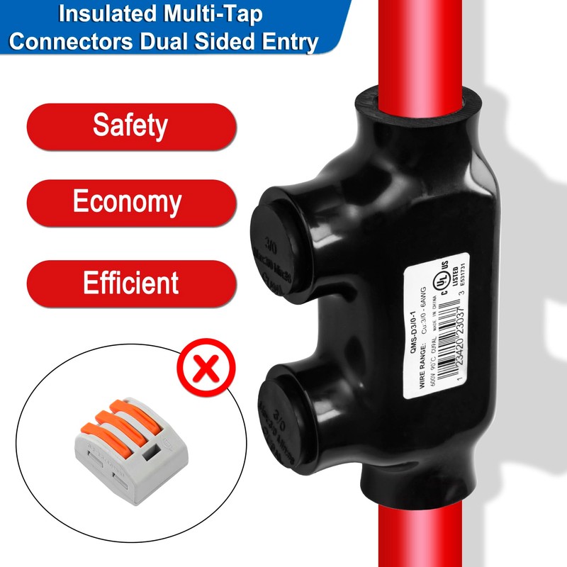 Heschen 2 Pcs Insulated Multi-Tap Connectors, 3/0-6AWG, 2 Port, Rated