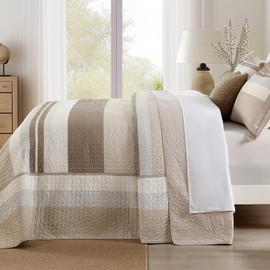 SahSahCasa 120"x120" 100% Cotton Oversized California King Bedspread Coverlet Striped Quilt Set, Cal King Quilted Bedspread Extra Large Quilt, XL Bed Spread Lightweight Comforter, Brown/Camel/Cream