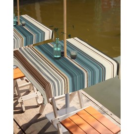 Teal Beige Brown Stripes Square Outdoor Tablecloth with Umbrella Hole and Zipper,Waterproof Modern Boho Aesthetic Table Cloth Cover,Vintage Farmhouse Table Protector for Patio Party Picnic 54"x54"