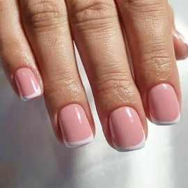 Short False Nails French Tip - 24pcs Round Square Fake Nails with Glue - French Tip Press on nails - Light Pink Stick on Nails - Square nail Tips Full Cover Elegant Natural for Women Girls Manicure