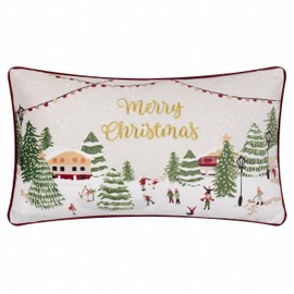 furn. Joy to All Cushion Cover - Festive Embroidered Christmas City Velvet Cushion Cover with Piping Trim (Snow/Berry - 30 x 50 cm)