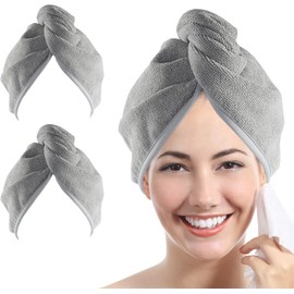 Ultra Plush Microfiber Hair Towel Wrap for Women, 2 Pack 10 inch X 26inch Purple, Ultra Absorbent Twist Hair Turban Drying Cap Hair Wrap, For Drying Curly, Long & Thick Hair (Gray)