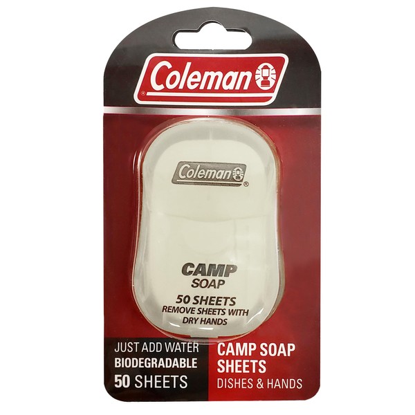 Coleman Camp Soap Sheets Dispenser - Portable Hand and Dish Soap for Traveling, Camping, and Outdoor Adventures - Biodegradable Travel Soap Sheets - Essential Camping Gear - 50 Sheets and Dispenser