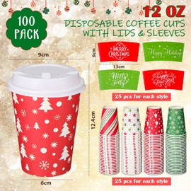 100 Pack 12 oz Christmas Disposable Coffee Cups with Lids and Coffee Cup Sleeves Paper Coffee Cups Paper Insulated Coffee Cups with Dome Lids and Sleeves for Christmas Hot Chocolate Party Supplies