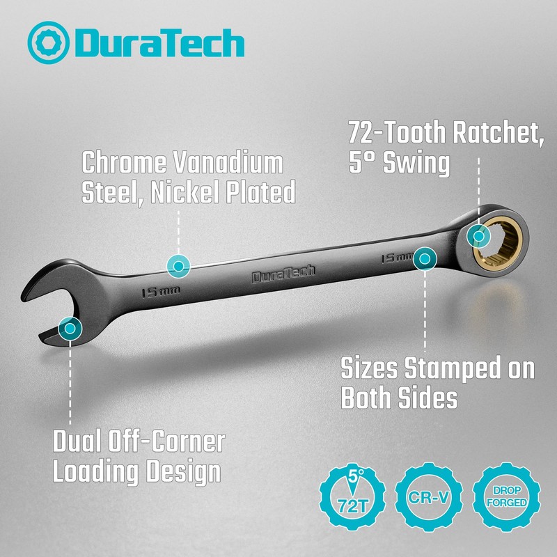 DURATECH Anti-Slip Ratcheting Wrench Set, Combination Wrench Set, 10-Piece, Metric