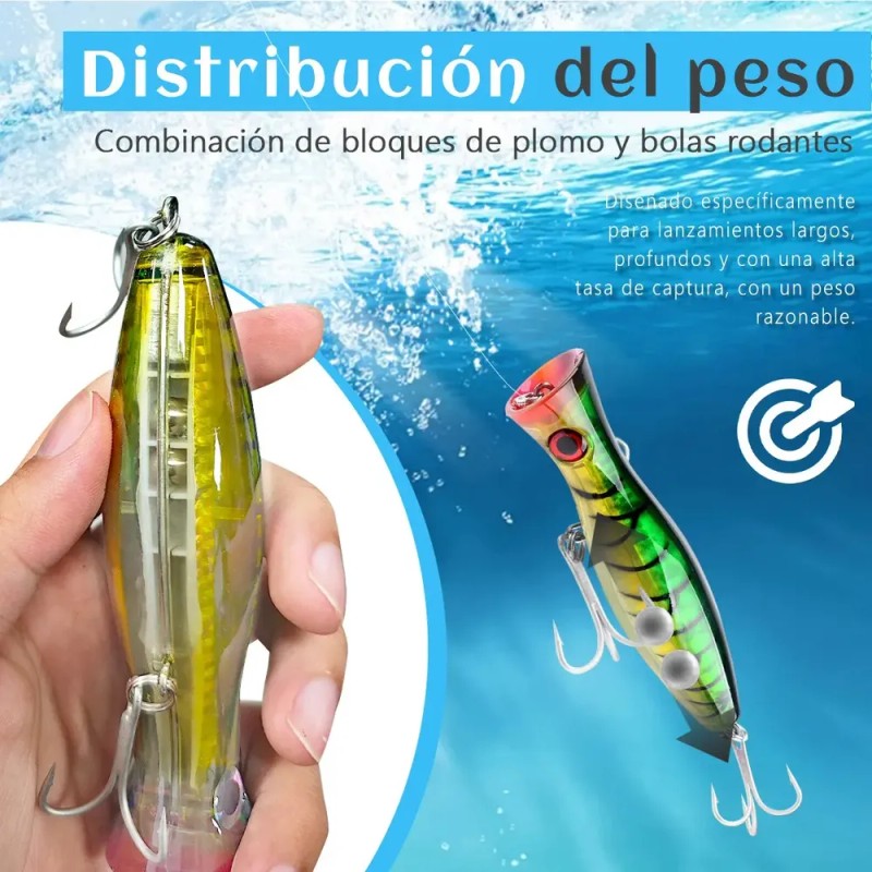5 Señuelos Popper De 43g Kit Pesca Superficial Mar Playa
