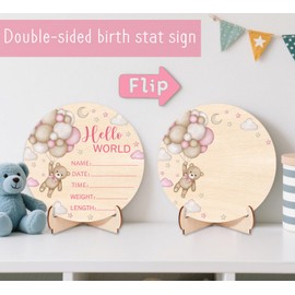 Andrain Double-Sided Wooden Newborn Birth Sign, Pink Bear Baby Announcement Sign, Girl Bear Hello World Name Sign for Hospital, Gift for New Mom Baby Shower, Photography Prop