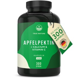 Apfelpektin + Calcium & Vitamin C | 300 Kapseln - 3.000mg pro Tag | Reich an Ballaststoffen - Calcium unterstützt Verdauungsenzyme, Vitamin C schützt Zellen vor oxidativem Stress* - TRUE NATURE