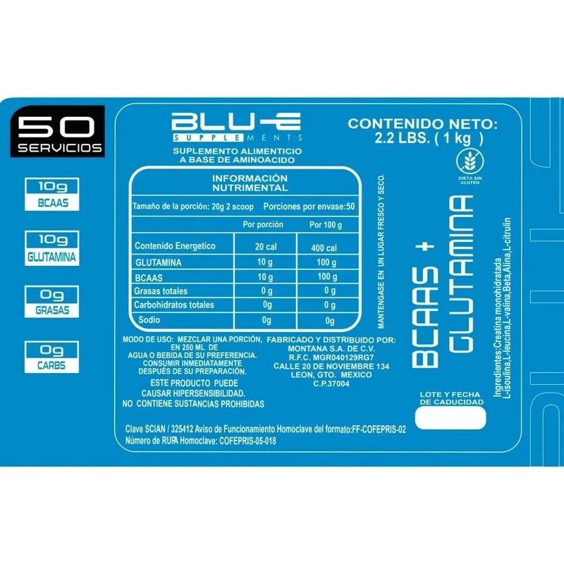 Aminoácidos Bcaas Glutamina Blu-e 1kg Varios Sabores