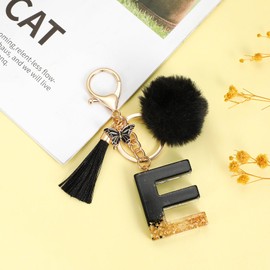 MWOOT Key Chain Letter, Keyring with Initial Letters Butterfly Pompom Tassels Pendant for Women Girls, Black Resin Key Rings Name for Backpack Handbags Charms, E