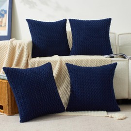 Kevin Textile Throw Pillow Covers Pack of 4 Spring Super Soft Boho Corduroy Decorative Pillow Covers Cases Solid Color Plush Texture Throw Pillows for Sofa Couch Chair 18x18 Inch, Navy Blue