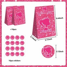 Zliisang 16PCS Pink Princess Party Favor Bags Princess Stickers Pink Goodie Gift Bags for Kids Birthday Party Decorations Gift Supplies