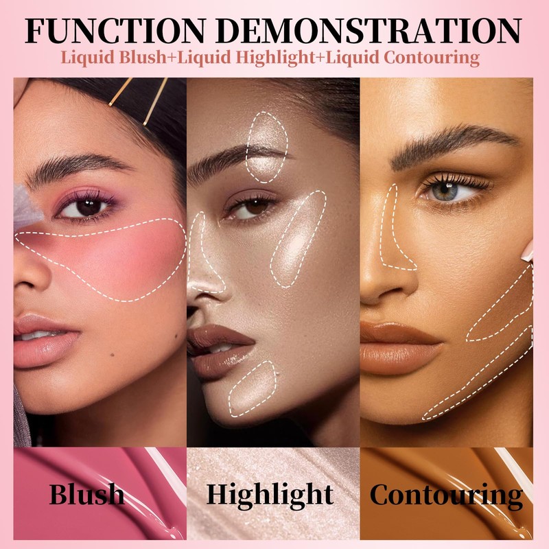 3-Pack Contour, Highlighter & Blush Set - Long-Lasting, Natural, Lightweight,