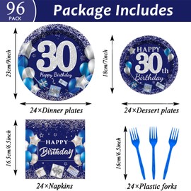 96 Pcs 30th Birthday Party Supplies Navy Blue and Silver Birthday Plates 30th Birthday Paper Tableware Happy Birthday Party Plates and Napkins Forks Blue Birthday Table Decorations for 24 Guests